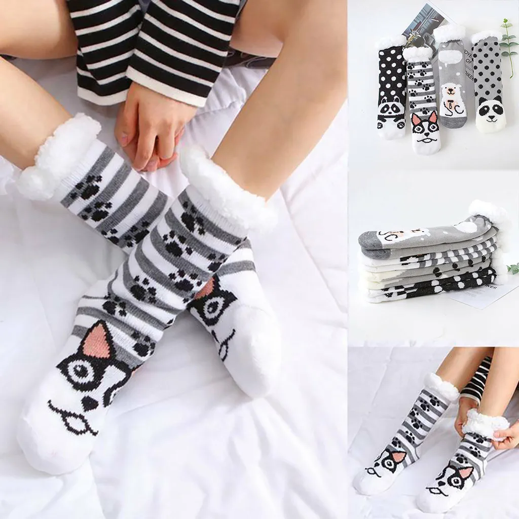 Женские рождественские носки, теплые носки для взрослых и женщин, зимние мягкие теплые пушистые уютные тапочки с флисовой подкладкой, захваты, носки для кровати, W1126