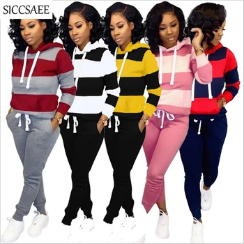 

Striped Contrast Color Patchwork Two Piece Set Hoodies Sweatshirt Long Pants Plus Size Clothing Suit Moleton Tracksuit For Women