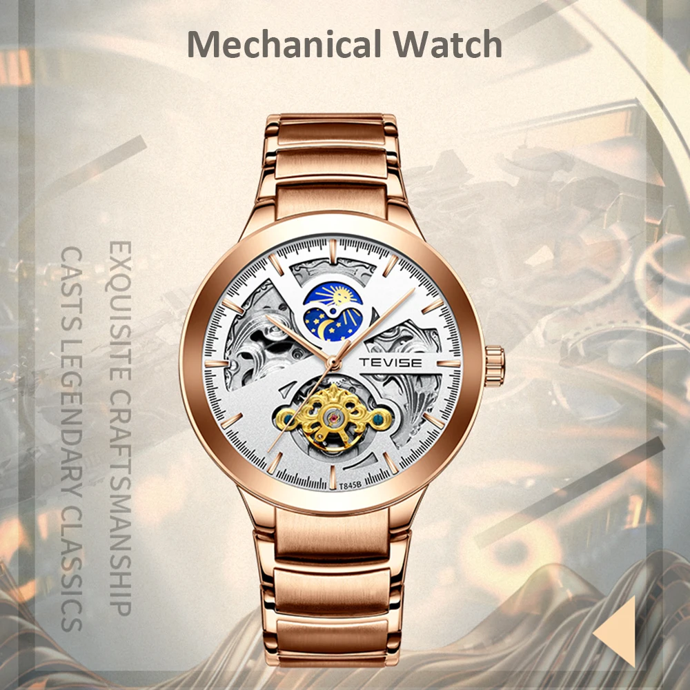 

TEVISE T845B Automatic Watch Men's Mechanical Watch Time Display Timer Fashion Casual Stainless Steel Strap 3ATM Waterproof
