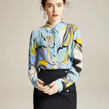 

Sky Blue Print 100% Pure Silk Blouse Spring Long Sleeve Shirts Women Luxury High Quality Clothing Cute Ladies Tops 2020 New Top