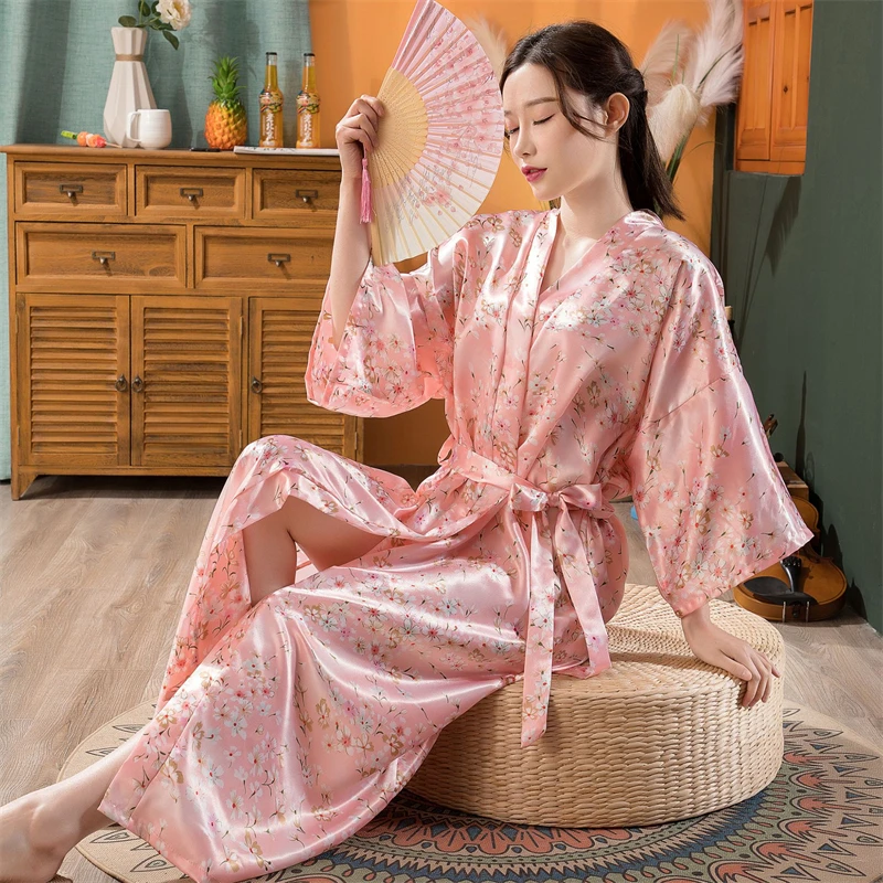 

Women's Pajamas Robe Silk Like Bathrobe Simplicity Sleepwear Floral Print Homewear Casual V Neck Kimono Nightgown пижама женская