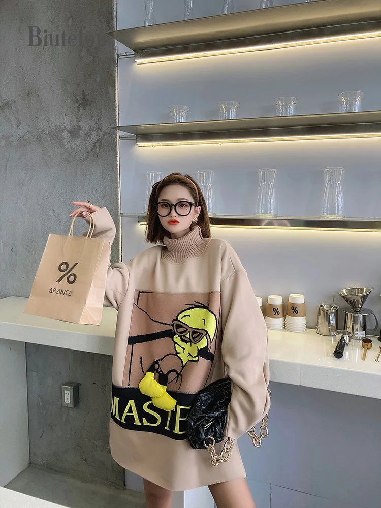 

2020 Winter Women Long Velvet Thick Split CEC Turtleneck Sweatshirt