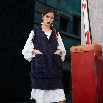 

LANMREM 2020 Spring And New Fashion V-neck Solid Color Sleeveless Fringed Side Long Sweater Knitted Dress Female PB606