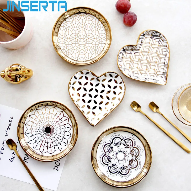 JINSERTA Ceramic Storage Tray Dinner Plate Dish Tableware Gold Inlay Dessert Fruit Cake Snack Home Restaurant Decor | Дом и сад