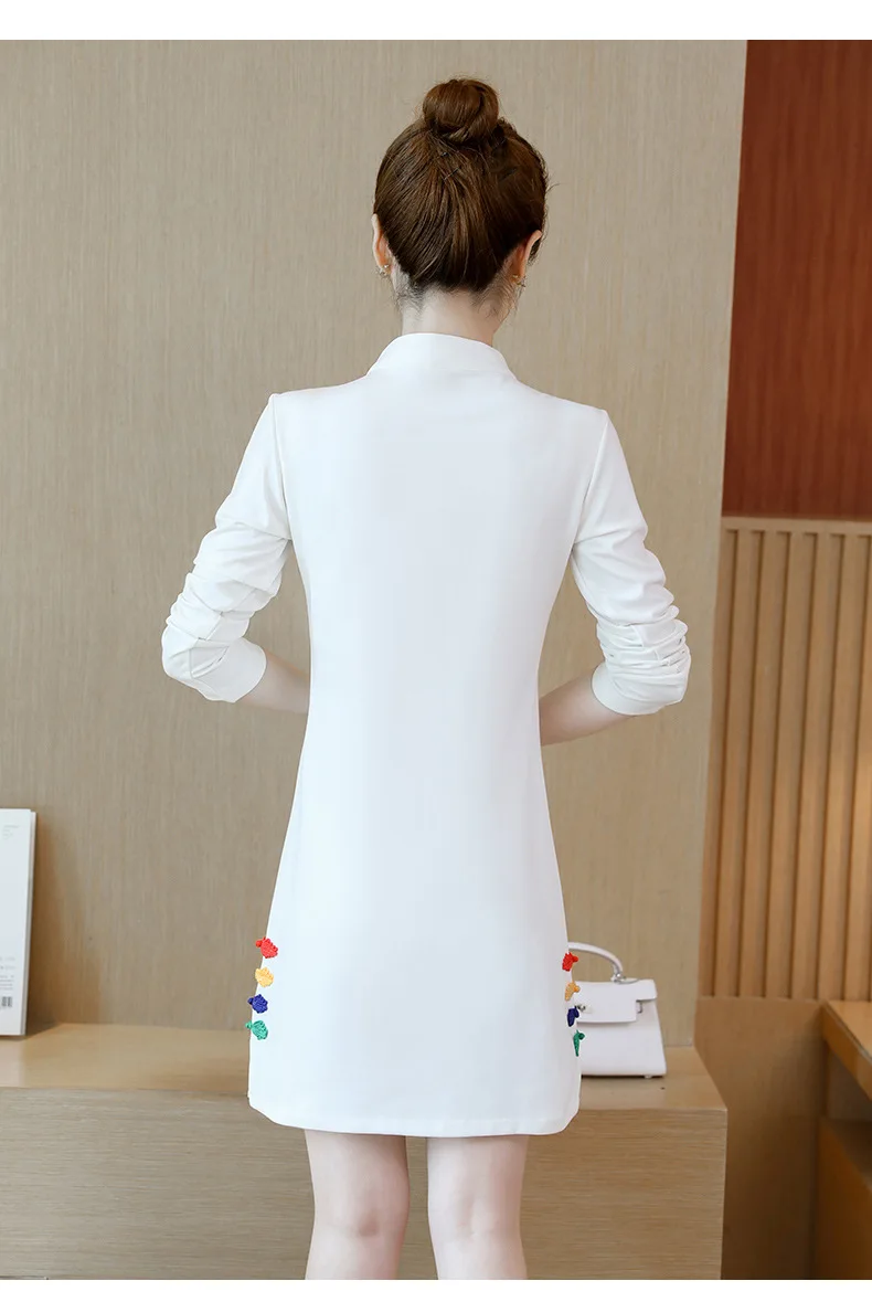 Осень, стиль, женское платье, улучшенная серия, Cheongsam, приталенное, для похудения, этнический стиль, воротник-стойка, длинный рукав, вышивка