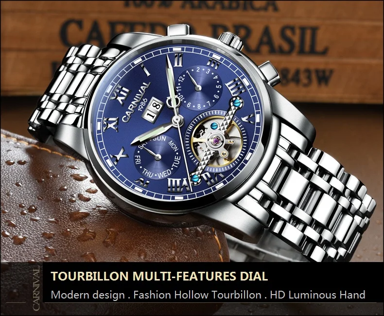 Tourbillon автоматические часы для мужчин s карнавал лучший бренд класса люкс многофункциональные деловые машины часы для мужчин водонепроницаемые часы с скелетом