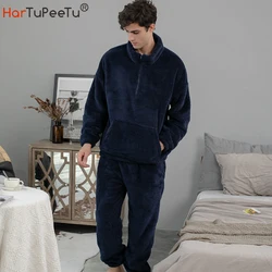 New Winter Couples Pullover Tops+Pants Homewear Two Piece Suits Loose Casual Homewear Thicken Warm Flannel Men Pajamas Sets
