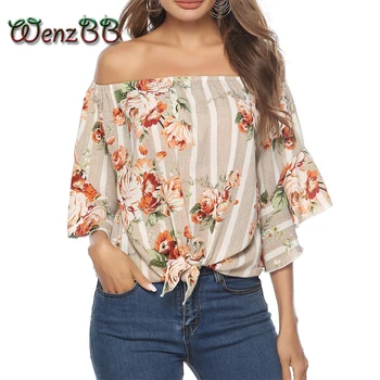 

Wenzbb 2020 Womens Floral Printed Off The Shoulder Blouses Flare Sleeve Tie Knot Bohemia Shirts Loose Tops Dropshipping