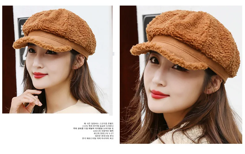 Winter Women's Cap Ladies Octagonal Hat Beret Lambswool Plush Warm Outdoor Female Visor Soft High Quality BT0057