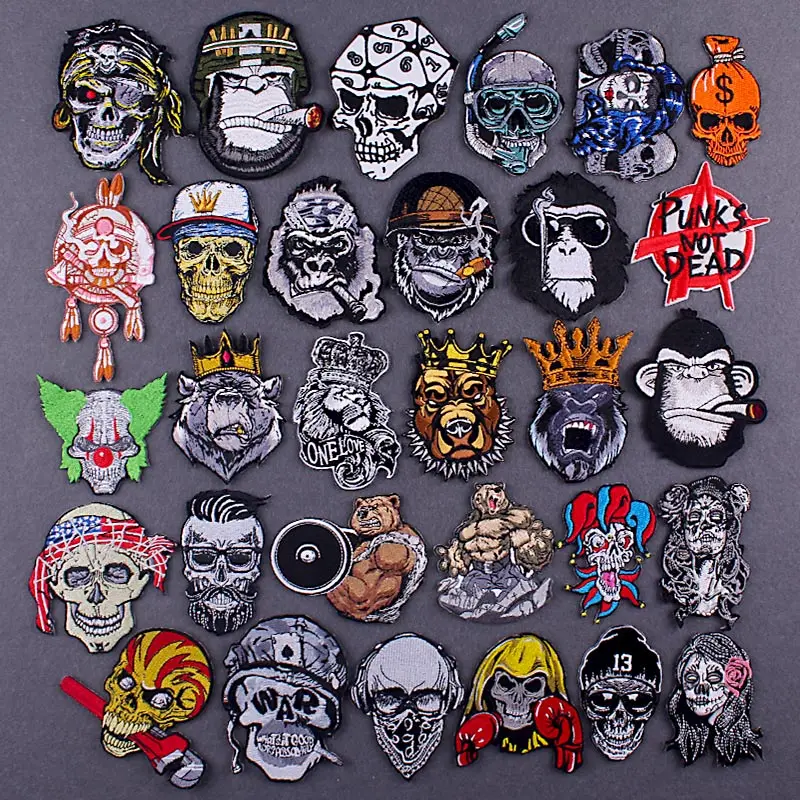 

Iron On Patches For Clothes Embroidered Patches For Clothing Punk Patch King Lion Bear Embroidery Patch Applique Skull Badge DIY
