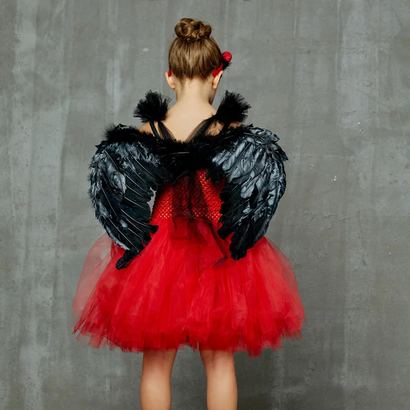 Girls Red Devil Halloween Tutu Dress with Hors Wings Pitchfork Crimson Demon Kids Fancy Dress Up Carnival Party Dress Costume (8)