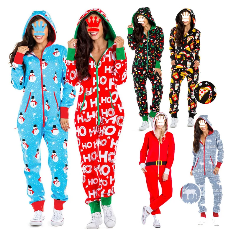 

Sexy Onesies For Adults 2020 Newest Autumn Winter Long Sleeve V-neck Funny Pattern Print Pajama Romper Women Christmas Nightwear