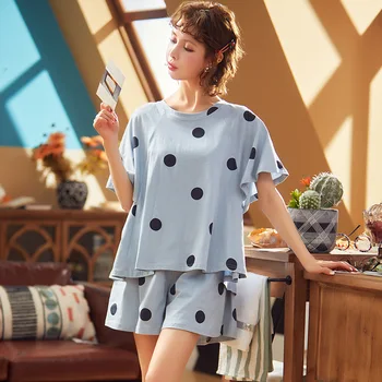 

New short-sleeved pajamas ladies summer cotton home service spring and summer shorts couple casual loose two-piece suit