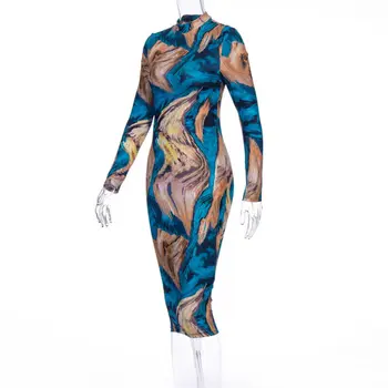 

Elegant Bodycon Women's Sexy Long Sleeve Hihg-Neck Colorful Print Party Bag Hip Dinner Maxi Mid Dress