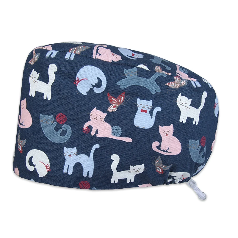 New Cat Scrub Caps Nurse Veterinarian Scrubs Hat Navy Dental Print Women Men 100% Cotton Dentist Hats Nursing Easy Cap K215 photo