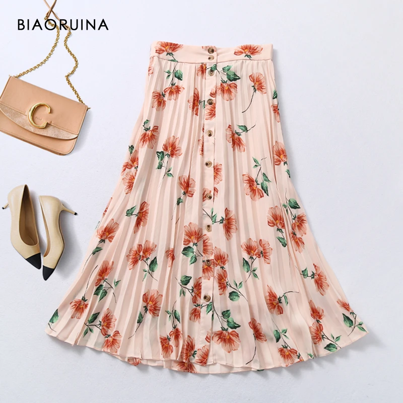 

BIAORUINA Women's Floral Printing Elegant Single Breasted Pleated Skirt Female High Waist Chiffon Summer Sweet Skirts