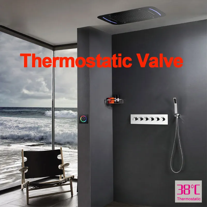 Thermostatic Набор для душа в ванную, роскошный, SUS304, термостатический смеситель, водопад, дождь, спа, потолок, Большой дождь, светодиодный, душевой набор, сенсорный экран, светодиодный - Цвет: Thermostatic