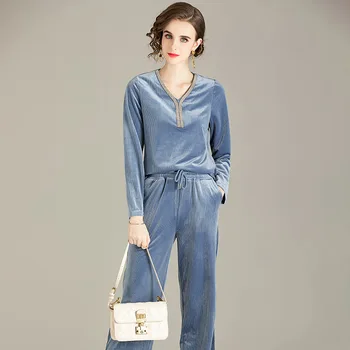 

Pant Suits Autumn 2020 New Fashion Stitching V-neck Long Sleeve Casual Velvet Top + Pant Two Piece Set Female S-XL