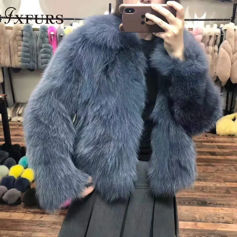Куртки из натурального Лисьего меха женская зимняя модная теплая верхняя одежда роскошные меховые пальто короткая женская меховая одежда воротники из лисьего меха - Цвет: blue