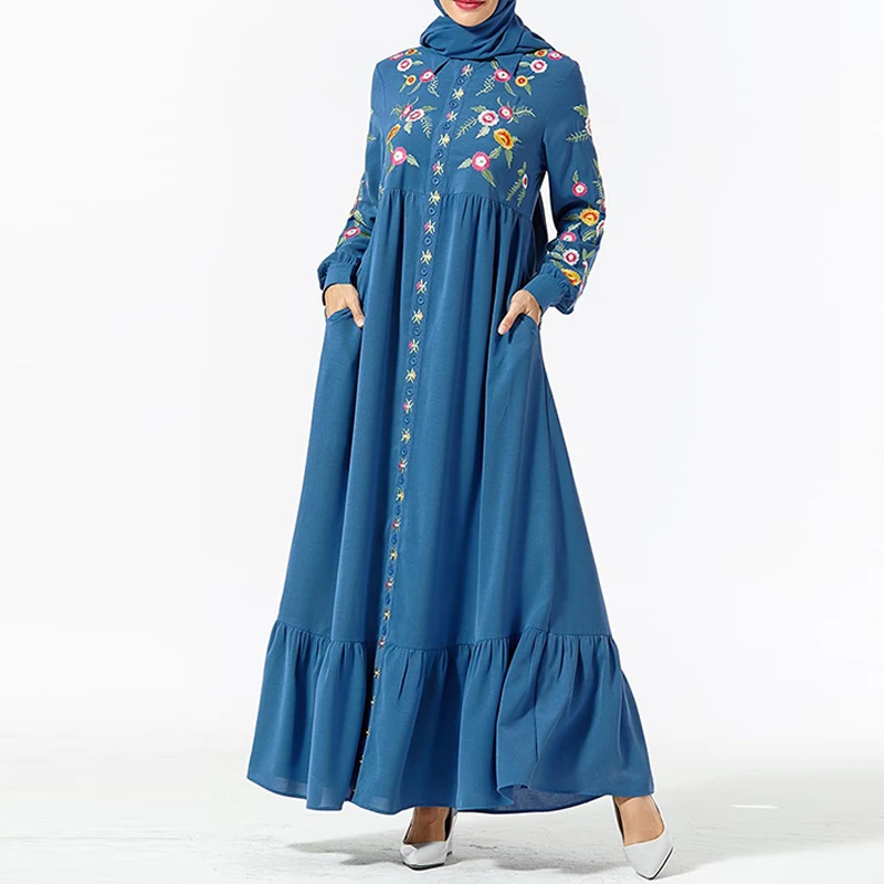 blue dress Арабское пакистанское мусульманское платье для женщин Дубай Абая Турция Кафтан Maroc кафтан исламский халат платья Хиджаб Tesettur Elbise Vestidos - Цвет: blue dress