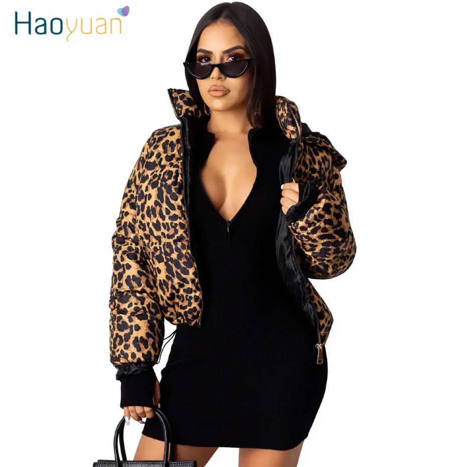 HAOYUAN, камуфляжная зимняя куртка с леопардовым принтом, женская осенняя одежда, сексуальное теплое пальто-пузырь размера плюс, верхняя одежда, толстая парка, пуховик