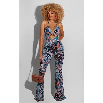

Women's Tie-dye Printed Sling Jumpsuit Summer Stylish Sexy Lace Up Halter Neck Backless Slim Fit Bodysuit Wide Leg Jumpsuits
