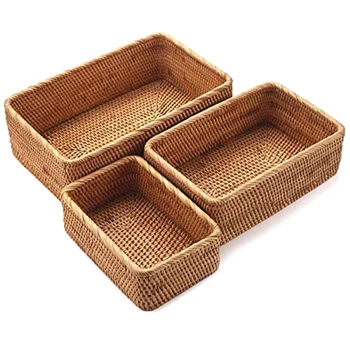 

Natural Rattan Storage Baskets, Rectangular Woven Fruit Baskets, Wicker Decoration and Organizer (Set of 3)