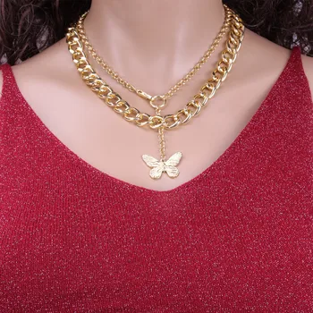 

Europe and America Fashion Double Layer cu lian Necklace Europe and America INS Retro Metal Butterfly Exaggeration Cool Chain Hi
