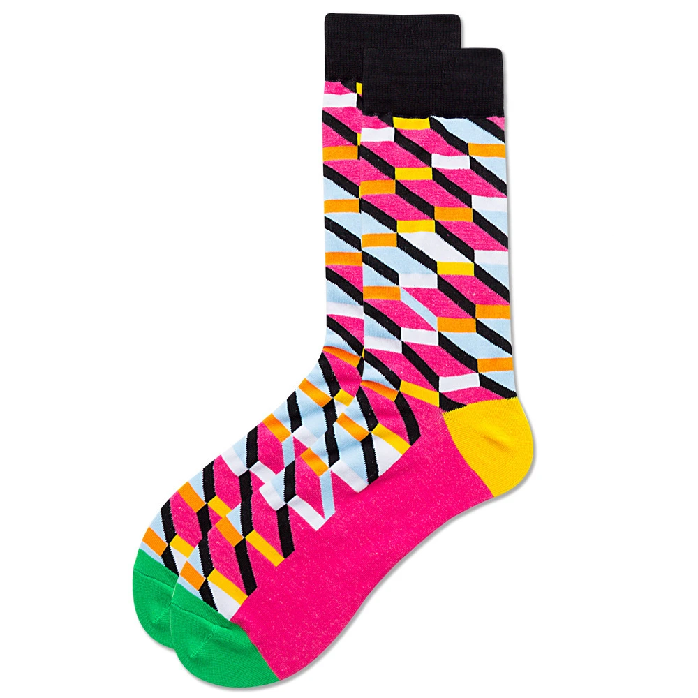 PEONFLY классические цветные носки с геометрическим принтом Мужские Винтажные клетчатые полосатые носки из чёсаного хлопка для бизнеса Harajuku Calcetines Hombre - Цвет: 5