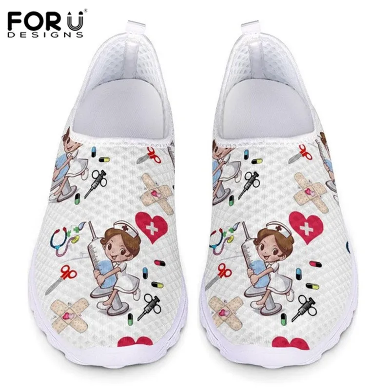 

FORUDESIGNS Cartoon Nurse Flats Sneakers Women Nurse Doctor Pattern Leisure Breathable Slip On Shoes for Ladies zapatos de mujer