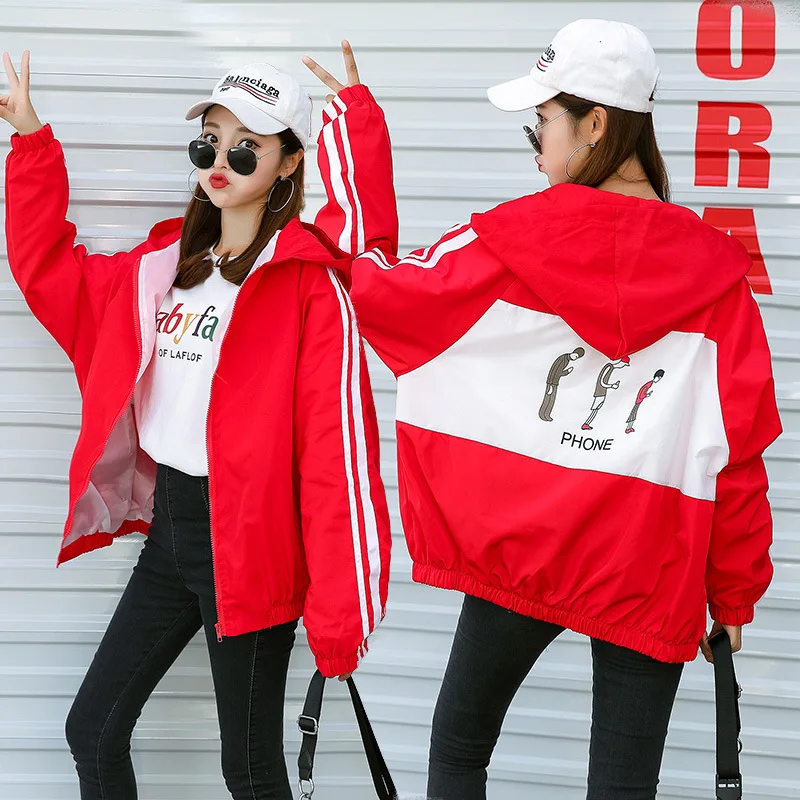 

Photo Shoot 2018 Autumn New Style College Style BF Harajuku Hooded Figure Printed Jacket Baseball Uniform Coat Women's 8035