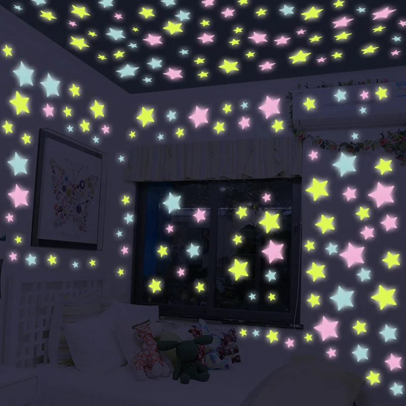 

50 pcs 3D Star and Moon Energy Storage Fluorescent Glow In the dark Luminous on Wall Stickers for Kids Room living room Decal