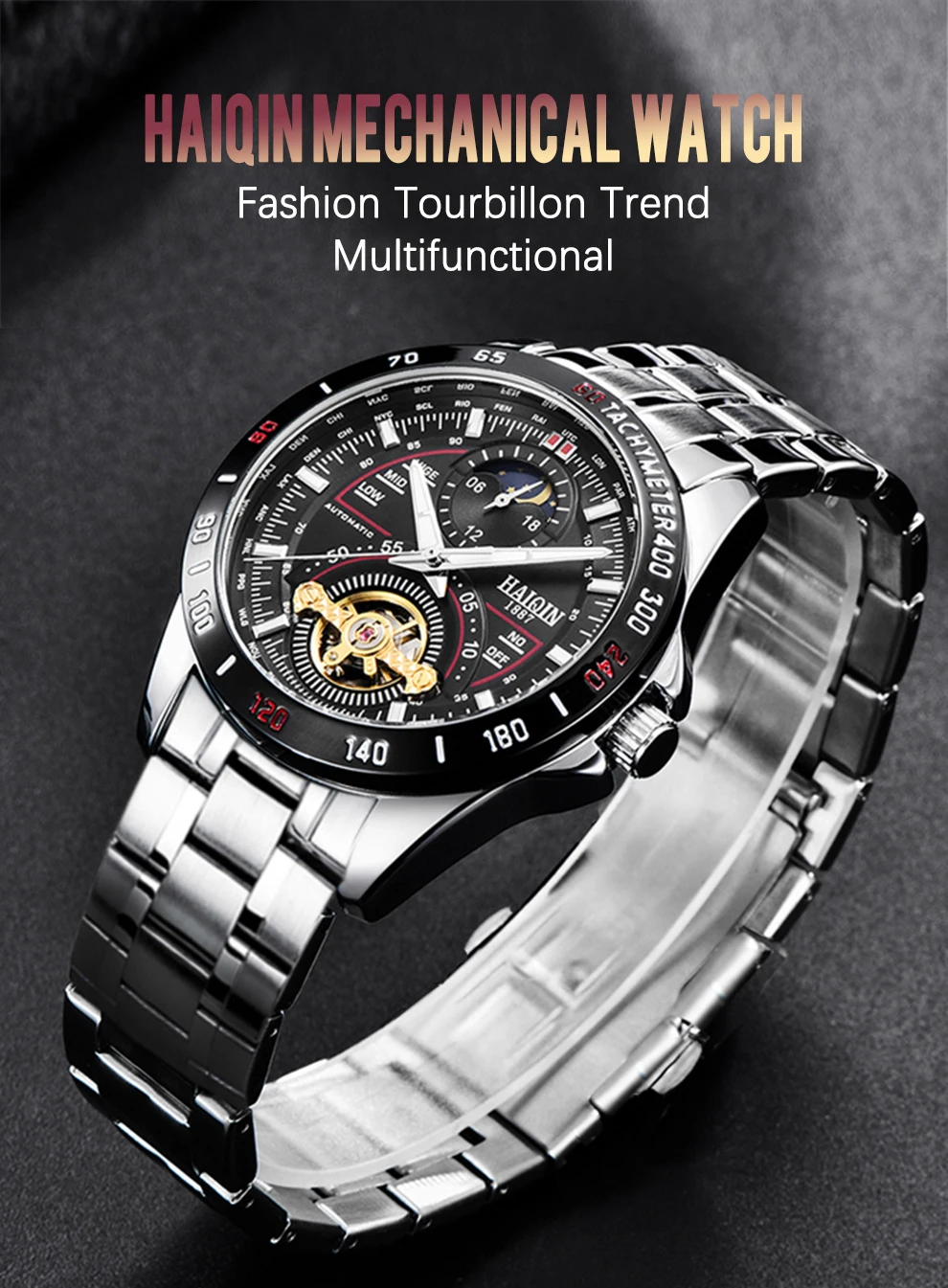 HAIQIN Mens Watches Automatic Mechanical Wrist Watch Waterproof Luminous Luxury Stainless Steel Military Watch Relogio Masculino