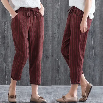 

Women's Spring Trousers ZANZEA Kaftan Striped Harem Pants Casual Elastic Waist Turnip Female Button Pantalon Palazzo Plus Size