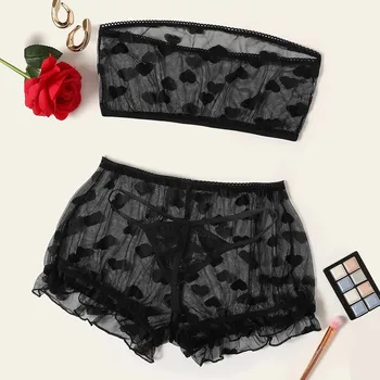 

2020 Women Tube Top Shorts Thong Heart Pattern Frill Trim Sheer Sleepwear Underwear Lingerie Set Pajamas Intimates Sexy Erotic