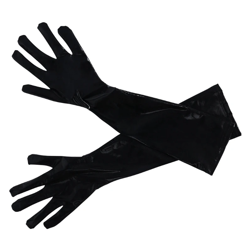 Women Sexy Elastic Shiny Mid-Upper Arm Length Wet Look Long Black Solid Gloves