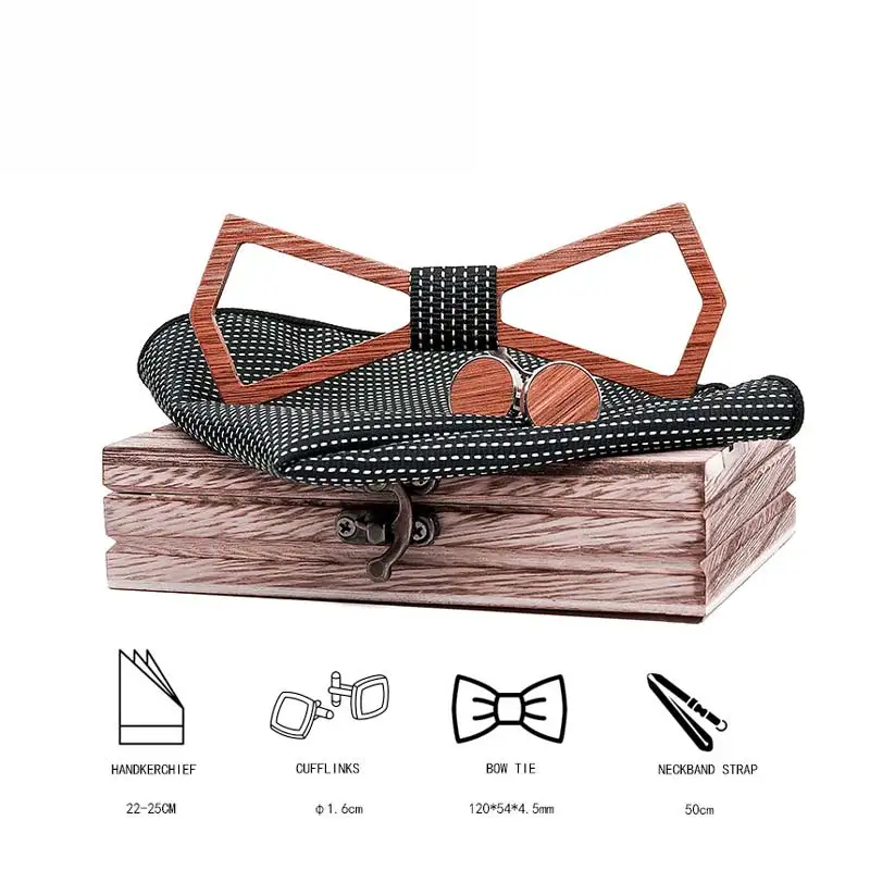  New arrival Wood Bowtie+Handkerchief+Cufflinks Sets Marriage Groom Wooden Bow Tie Wedding Christmas