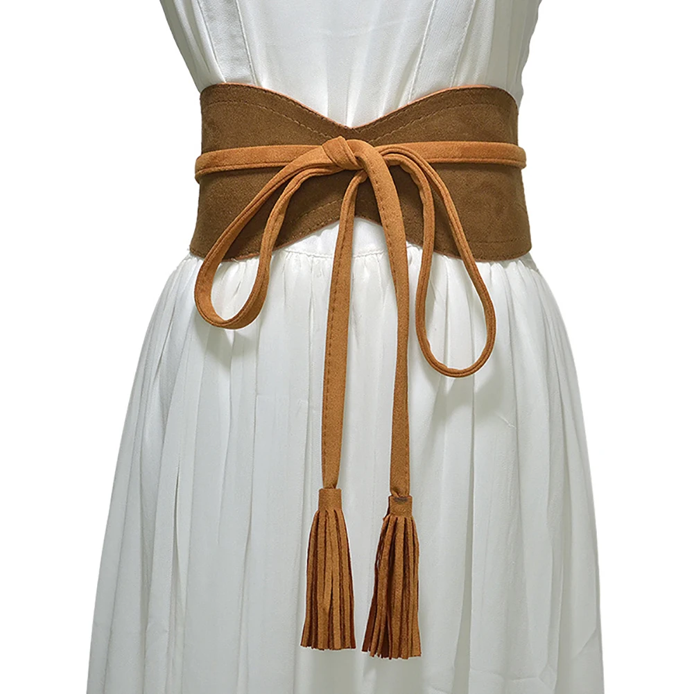 Мода женщин сплошной цвет искусственная кожа кисточкой галстук-бабочка широкий пояс корсетный пояс