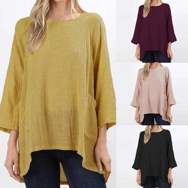 

Women's Asymmetrical Blouse ZANZEA 2019 Vintage O Neck 3/4 Sleeve Shirt Stylish Casual Female Solid Blusas Tunic Oversized Tops