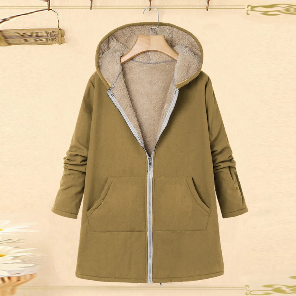 JAYCOSIN ladies large size jacket zipper hooded plus solid long composite plush casual fashion coat warm loose autumn and winter
