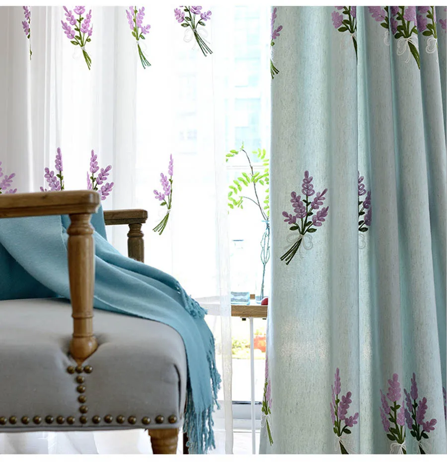 Purple Lavender Pastoral Embroidery Semi Blackout Bedroom Curtains Cotton and Linen Curtain Fabrics For Chilren's Room MY303-50
