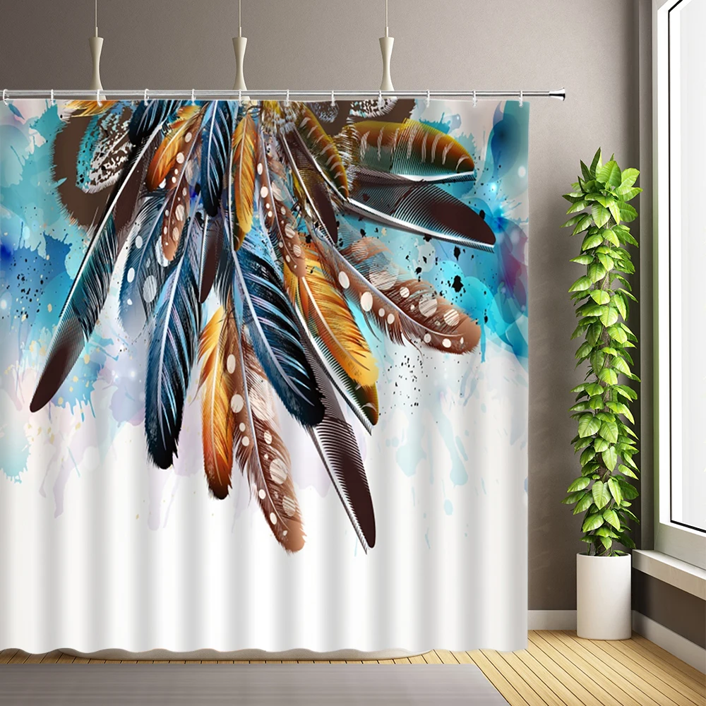 

180x180cm Colored Feathers Shower Curtains Bathroom Decor Bathtub Screen Waterproof Polyester Fabric Bath Curtains with Hooks