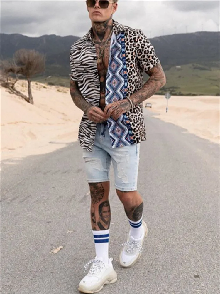 

Men Clothes European American New Men's Cardigan Single Breasted Short-sleeved Printed Shirt Casual V-Neck Mens Dress Shirts