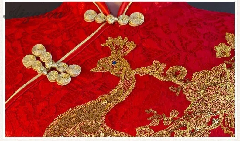 Красный Русалка феникс вышивка Cheongsam современная мода блестками и длинными Qi Pao Для женщин Китайский традиционный свадебный платье