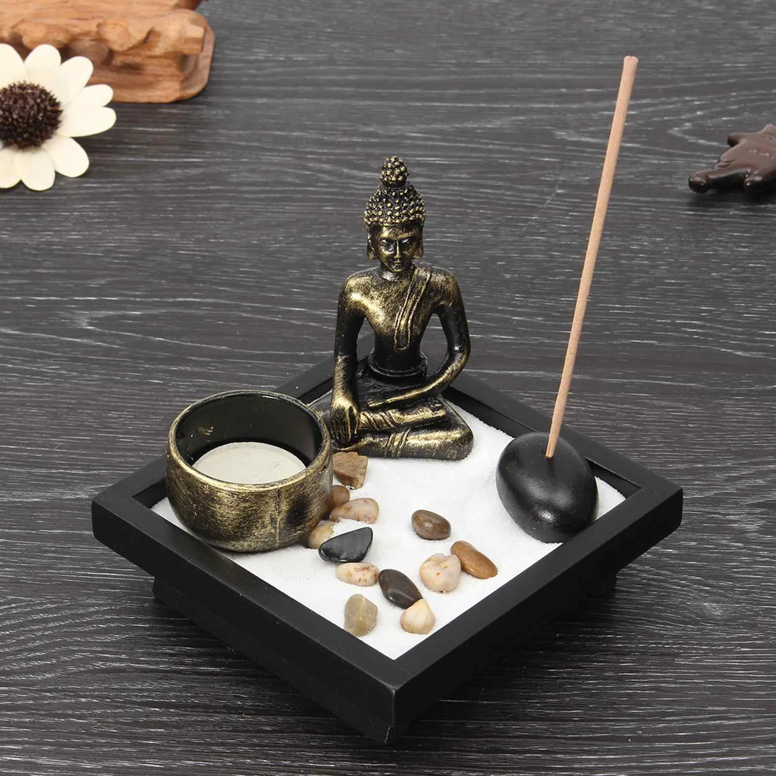 Desk Garden Buddha Statue with Tealight Incense Holder Rocks Sand Home Decor