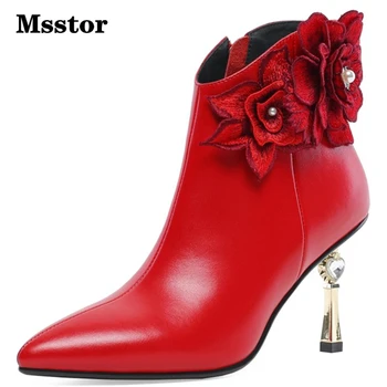 

Appliques Crystal Red Boots Sexy Party Fashion Rivet Pointed Toe High Heels Boots Cow Leather Winter Women Shoes Elegant