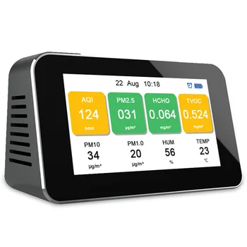 

HCHO PM1.0 PM2.5 PM10 TVOC Formaldehyde Air Quality Detector Temperature Meter Hygrometer English LCD Display USB Charging