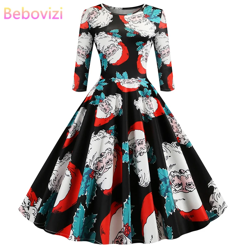 

Bebovizi Winter Dresses Women 2019 Christmas Clothes Elegant Party Vintage Plus Size Black Vestidos Autumn Print Bandage Dress