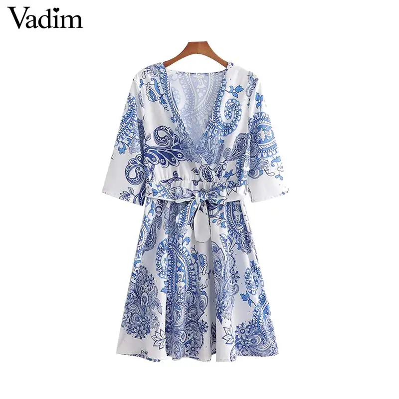 

Vadim women elegant V neck print dress bow tie sashes three quarter sleeve fashion chic knee length dresses vestidos QC648