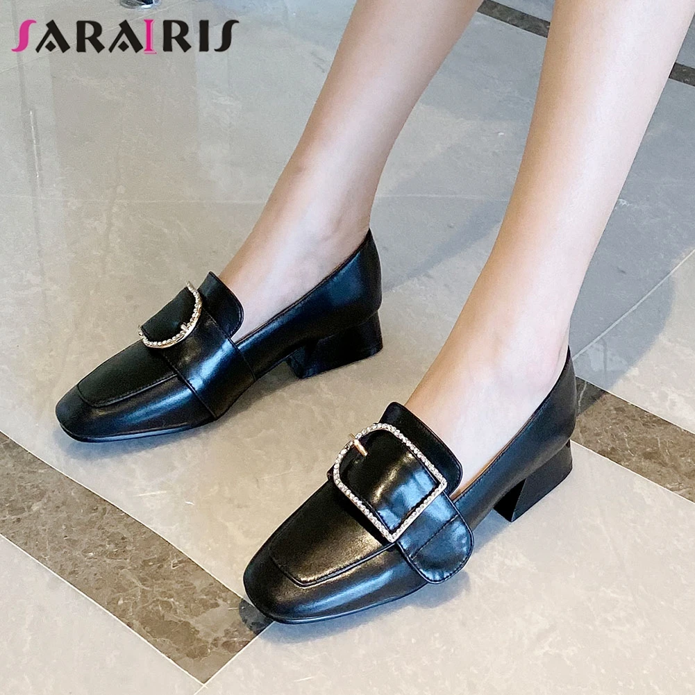 

SARAIRIS Brand Spring Female Crystal Buckle Square Toe Shallow Slip On Black Pumps Consise Fashion Hot Pumps Women Shoes Woman